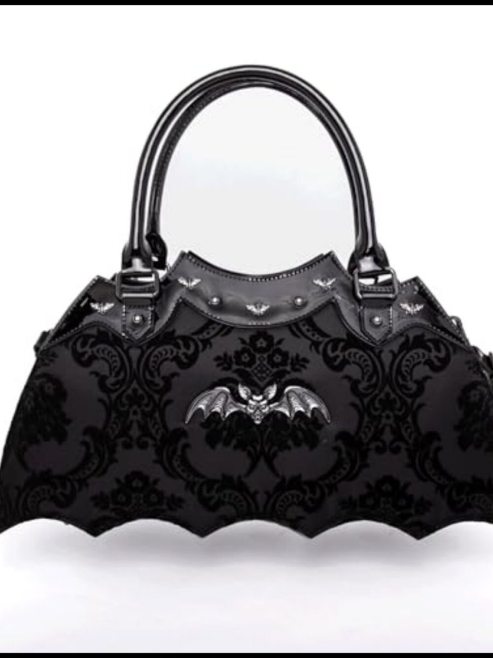 Damask Velvet Bat Shaped Satchel Handbag with Gunmetal Embellishments & Strap